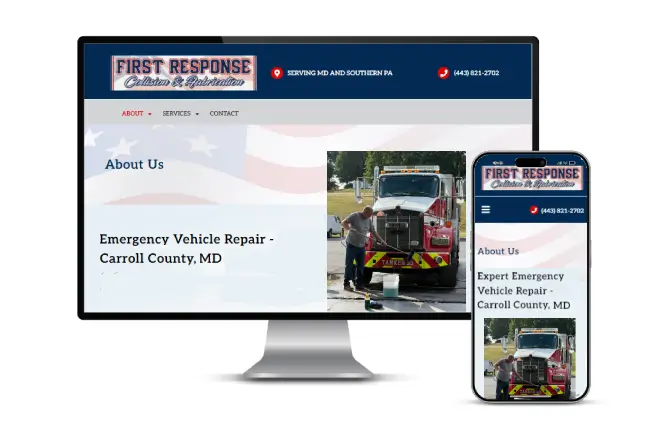 First Response Collision & Fabrication website designed by Design by Splash, shown on desktop and mobile in Taneytown, MD